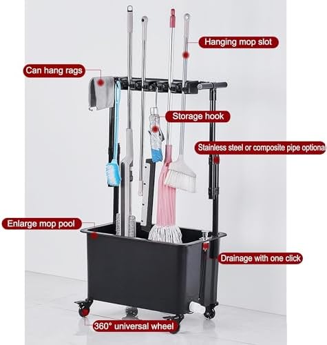Mop Bucket & Broom Holder - Freestanding Cleaning Cart on Wheels, Storage Rack for Garden, Garage, Schools, Restaurants - Organizer Cabinet for Cleaning Supplies