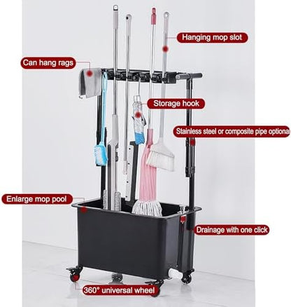 Mop Bucket & Broom Holder Storage Rack – Freestanding Cleaning Cart on Wheels for Garden, Garage, Schools & Restaurants – Organize with Durable Broom Closet & Tool Organizer