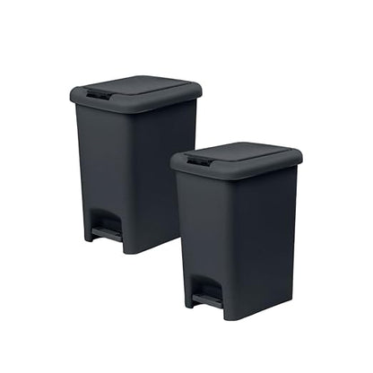 Superio 2-Pack 6.5L Slim Step & Push Trash Can - Dual Opening, Smooth Matte Finish, Durable Plastic (9.5"x7"x11.5") - Black