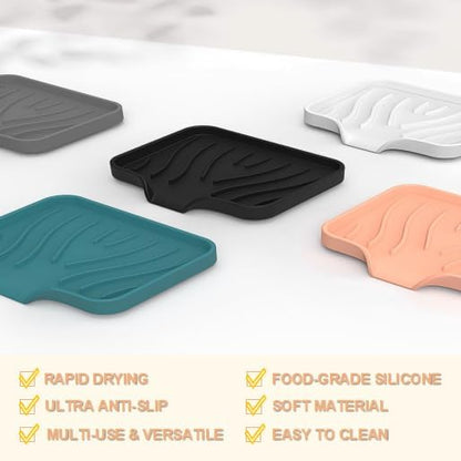 Silicone Soap Dish with Drainer | Quick-Dry Holder for Sponge, Dispenser, Scrubber, Bottle and Cup | for Kitchen, Shower and Bathroom (Black, Small, 2-Pack)