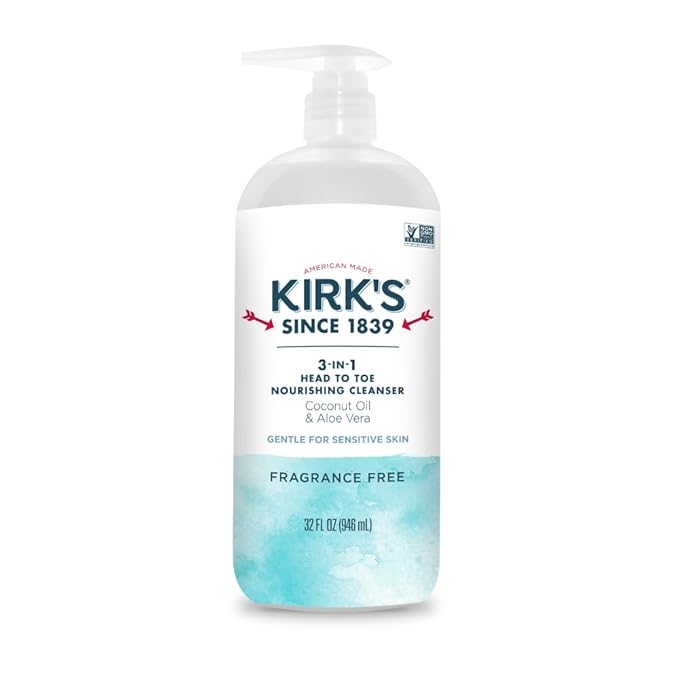 Kirk's Fragrance Free 3-in-1 Nourishing Cleanser, Shampoo Body Wash Bubble Bath, Coconut Oil and Aloe Vera, Vegan Non-GMO, 32 Fl Oz