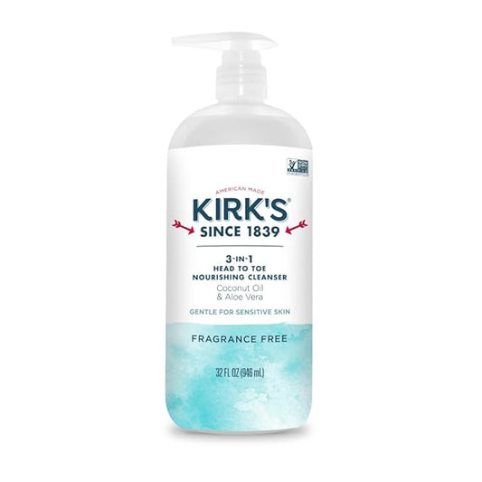 Kirk's Fragrance Free 3-in-1 Nourishing Cleanser, Shampoo Body Wash Bubble Bath, Coconut Oil and Aloe Vera, Vegan Non-GMO, 32 Fl Oz