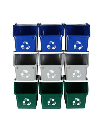 Multi Bin Recycling System with Three Stackable 6 Gallon Recycle Bins for Kitchen Use – Recycling Trash Can Set for Office, Garage, Businesses (9 Pack Blue/Grey/Green)