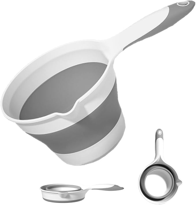 Collapsible Plastic Water Ladle Folding Scoop for Bath Soaking Cleaning, Portable Water Pourer Dipper Spoon for Camping Travel, Small Shower Bucket Basin Tub Rinse Cup Mug for Hair Washing, Gray