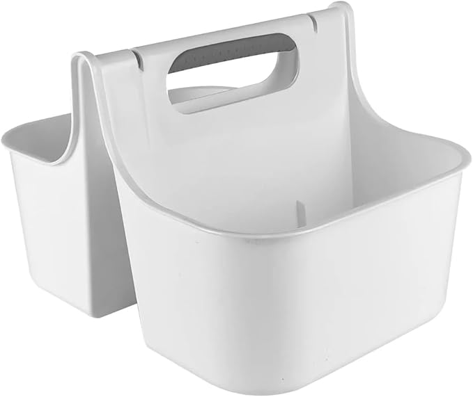 J&V TEXTILES Portable Shower Caddy, Bathroom Organizer Basket, Perfect Size for Dorm/College, Plastic Bath Tote, Dries Quickly with Drainage Holes, Soft Grip Carrying Handle (White, Medium)