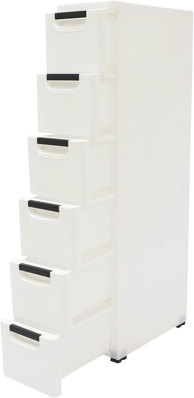6 Drawers Narrow Slim Plastic Storage Cabinet,Storage Drawer with Wheels,6 Tier Drawers Dresser,Rolling Narrow Cabinet for Small Spaces Bathroom Kitchen Living Room,White