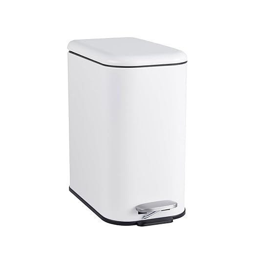 GlowSol Bathroom Trash Can with Lid, 3.2 Gallon 12 L Stainless Steel Step Trash Can with Removable Liner Bucket, Slim Small Wastebasket for Toilet Bedroom Office, White
