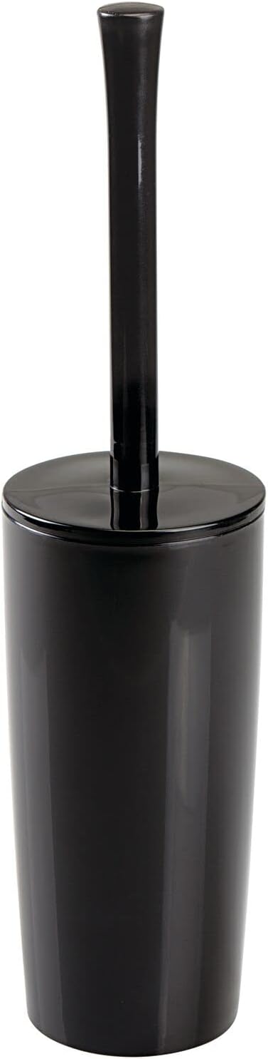 mDesign Slim Plastic Toilet Bowl Brush and Holder Set, Modern Compact Storage Organizer Cleaner Scrubber for Toilet - Heavy Duty Cleaning Plunger for Bathroom, Aura Collection - Black