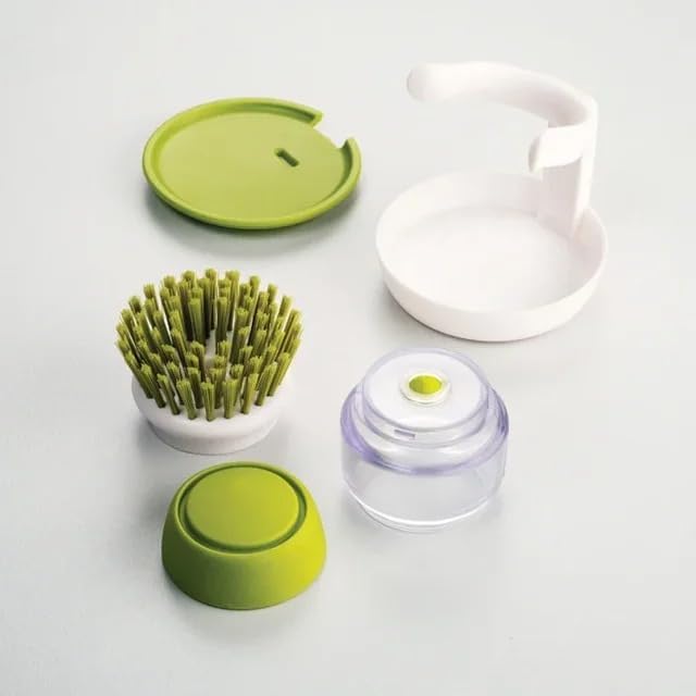 Soap Dispenser Palm Dish Brush with Storage Bracket – Drainage Base, Easy-to-Clean Kitchen Utensil Cleaner | Includes Extra Soft Bristle Brush (Gray&Green)
