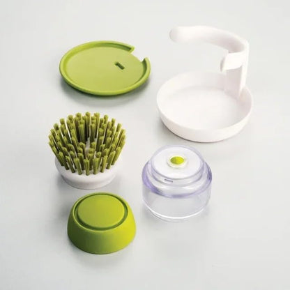 Soap Dispenser Palm Dish Brush with Storage Bracket – Drainage Base, Easy-to-Clean Kitchen Utensil Cleaner | Includes Extra Soft Bristle Brush (Gray&Green)