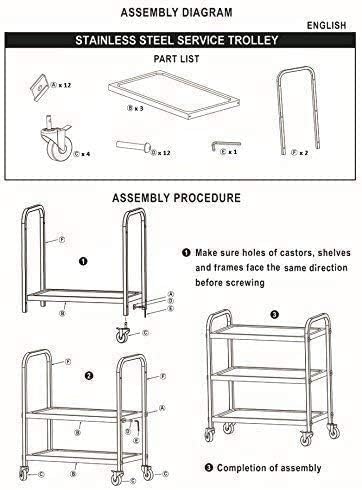 uyoyous Extra Large 3 Tier Stainless Steel Utility Cart 37x20x37 inch Commercial Heavy Duty Rolling Cart Food Storage Service Trolley with 360° Rotatable Wheels for Kitchen Hotel Restaurant Home Use