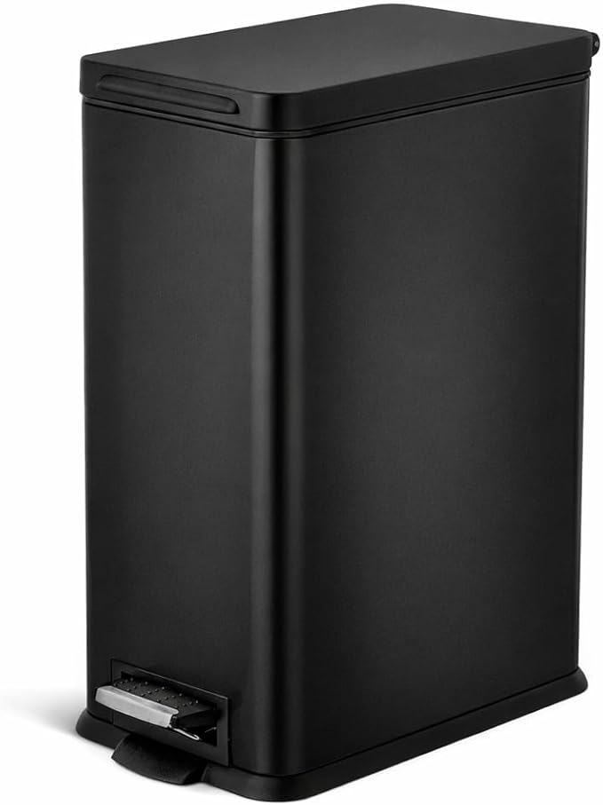 Home Zone Living 8 Gallon Slim Kitchen Trash Can with Soft Close Lid, Step Pedal, Bag Tuck Band, and Removable Liner, Stainless Steel, Matte Black, 30 Liters