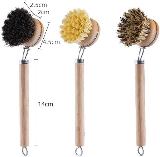 Bamboo Dish Brush - Kitchen Scrub Brushes with 3 Replacement Heads | Natural Bristle | Sisal | Horse Hair - Pot Brush with Wooden Handle for Cleaning Grills, Pans, Stoves