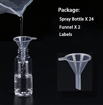 TINFO Spray Bottles, 24 Pack 50 Milliliter 2 Ounce Clear Empty Fine Mist Plastic Mini Travel Bottle Set, Small Refillable Liquid Containers