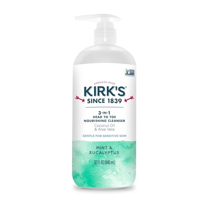 Kirk's Mint and Eucalyptus 3-in-1 Nourishing Cleanser, Shampoo Body Wash Bubble Bath, Coconut Oil and Aloe Vera, Vegan Non-GMO, 32 Fl Oz