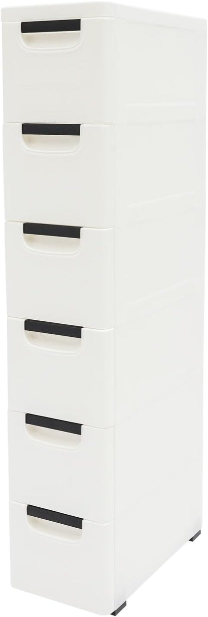 6 Drawers Narrow Slim Plastic Storage Cabinet,Storage Drawer with Wheels,6 Tier Drawers Dresser,Rolling Narrow Cabinet for Small Spaces Bathroom Kitchen Living Room,White