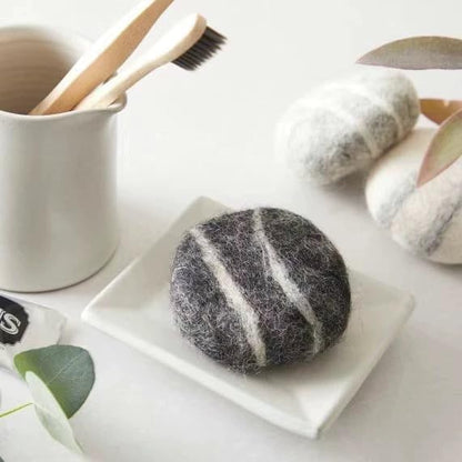 Handmade Felted Soap with Tibetan Yak Milk & Wool - Natural Exfoliating Bar for Face & Body, 6 Scents, Includes Bamboo Dish & Travel Pouch (Black Salt)
