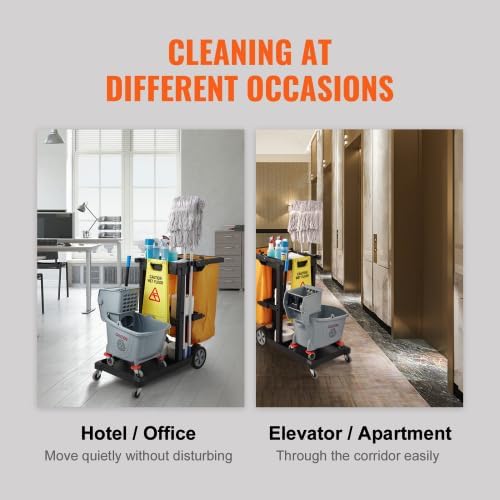 Cleaning Cart, 3-Shelf Commercial Janitorial Cart, 200 lbs Capacity Plastic Housekeeping Cart, with 25 Gallon PVC Bag, 47 x 20 x 38.6in, Yellow&Black