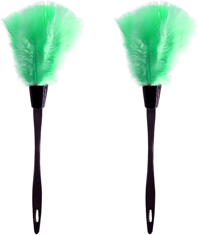 2 PCS 14 Inch Turkey Feather Duster, Gentle Style Dusting Tool for Home/Office Delicate Surfaces (Green)