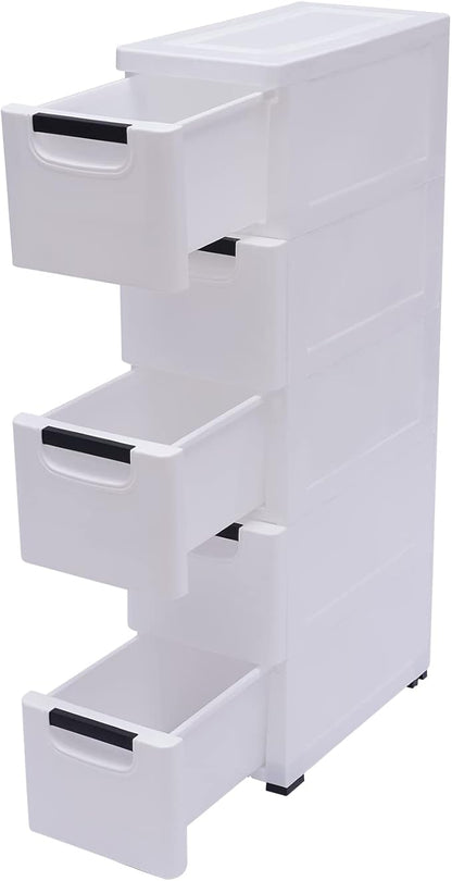 5 Drawers Narrow Slim Plastic Storage Cabinet,Storage Drawer with 4 Wheels,5 Tier Drawers Dresser,White