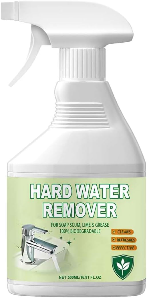Hard Water Remover Spray – 16.91 FL Oz Stain & Scale Remover for Glass, Faucets, Tiles & Shower Doors | No Harsh Odor, Multi-Surface Safe Formula for Home & Commercial Use – 1 Bottle
