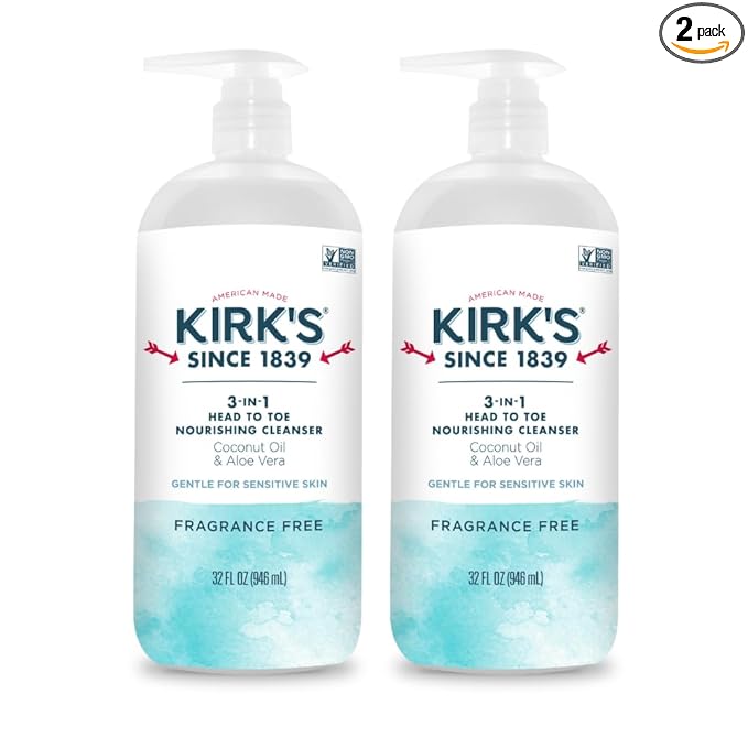 Kirk's Fragrance Free 3-in-1 Nourishing Cleanser, Shampoo Body Wash Bubble Bath, Coconut Oil and Aloe Vera, Vegan Non-GMO, 32 Fl Oz, Pack of 2