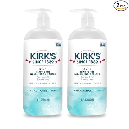 Kirk's Fragrance Free 3-in-1 Nourishing Cleanser, Shampoo Body Wash Bubble Bath, Coconut Oil and Aloe Vera, Vegan Non-GMO, 32 Fl Oz, Pack of 2
