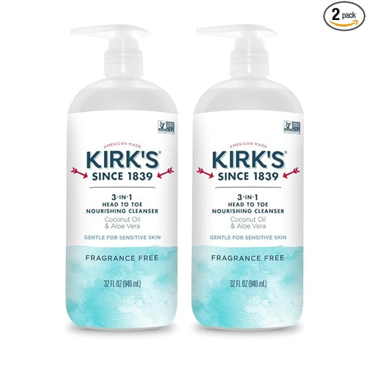 Kirk's Fragrance Free 3-in-1 Nourishing Cleanser, Shampoo Body Wash Bubble Bath, Coconut Oil and Aloe Vera, Vegan Non-GMO, 32 Fl Oz, Pack of 2