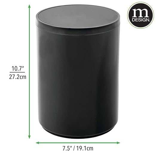 mDesign Plastic Small Slim Round 1.7 Gallon/6.5 Liter Trash Can with Removable Swing Lid - Wastebasket, Garbage Container Basket Bin for Master/Guest Bathroom - Holds Rubbish/Recycle - Black