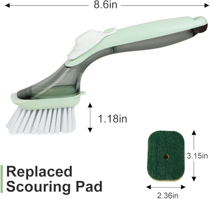 CQT Soap Dispensing Dish Brush Storage Set, Dish Scrubber with Handle, Kitchen Washing Brush for Pot Pan Sink Cleaning, Kitchen Brush with Holder and 1 Replaced Scouring Pad Head