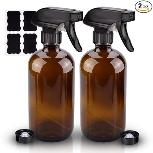 Wedama Amber Glass Spray Bottles, 2 Pack 16 oz Glass Spray Bottles for Cleaning Solutions and Essential Oils, Refillable Empty Spray Bottle with Adjustable Nozzles for Alcohol, Plant and Hair Care