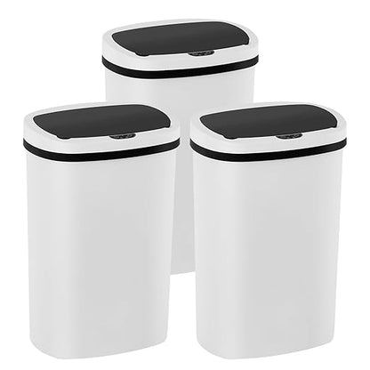 PayLessHere | 13 Gallon Plastic Trash Can | White | Automatic Touchless Lid with Motion Sensor | Kitchen Garbage Can with Waterproof Design | for Home, Office, Bathroom | Pack of 3
