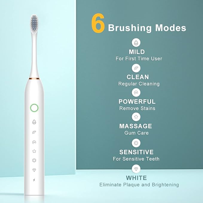 SUNPRO 2 Pack Adults Sonic Electric Toothbrush, 42000vpm, 6 Modes Rechargeable for Deep Cleaning Include 8 Heads (Black+Pink)