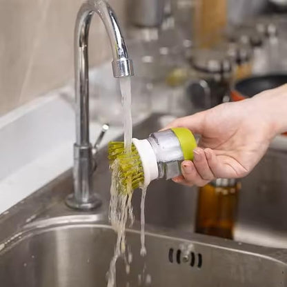 Soap Dispenser Palm Dish Brush with Storage Bracket – Drainage Base, Easy-to-Clean Kitchen Utensil Cleaner | Includes Extra Soft Bristle Brush (Gray&Green)