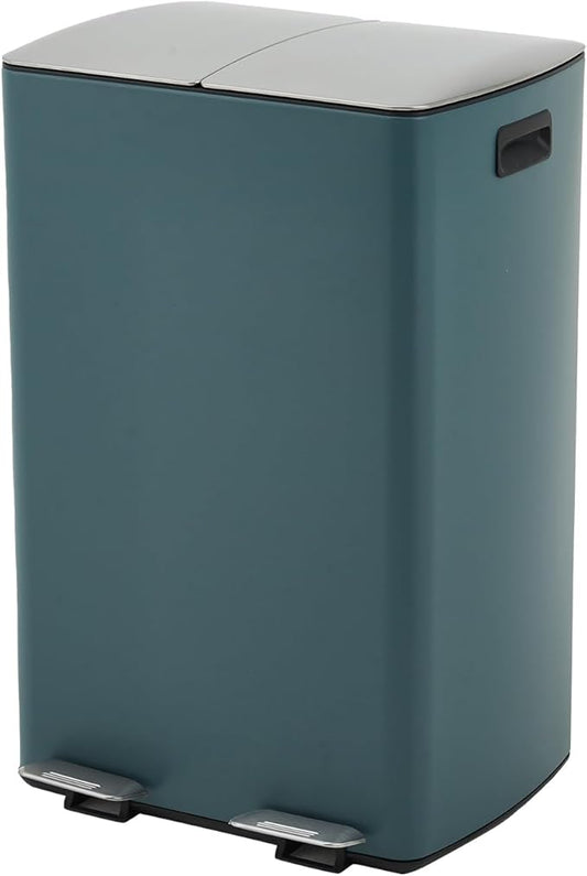 16 Gallon (60L) Dual Compartment Step Trash Can, Stainless Steel Kitchen Garbage Can for Trash and Recycling, Soft Close Lid, Odor Control, Hands Free, Black