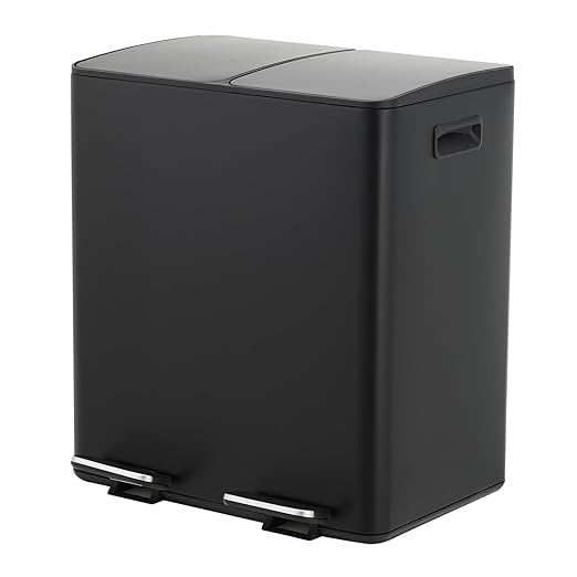 2 x 5.3 Gal (2 x 20L) Dual Compartment Stainless Steel Kitchen Trash Can, Garbagin Bin with Recycling, Soft-Close Lid, Foldable Step-on Pedal, Removable Plastic Inner Buckets, Black