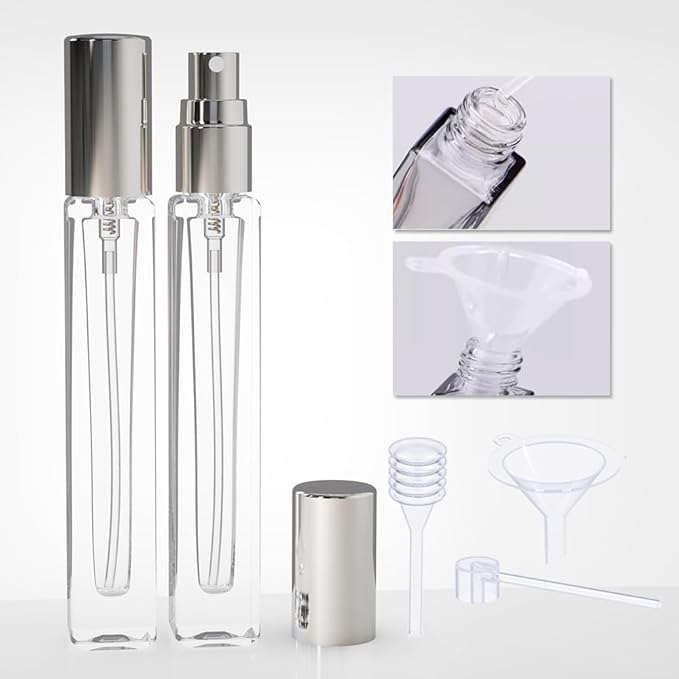 6PCS 10ml Mini Glass Spray Bottles, Fine Mist Refillable Portable Travel Perfume Atomizers (Silvery)