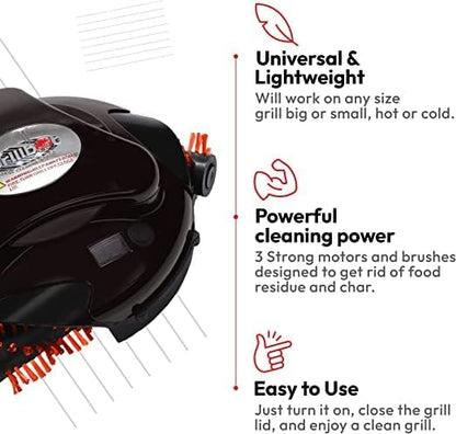 Grillbot Automatic Grill Cleaning Robot with Nylon Brushes, Electric BBQ Cleaner Brush with Motorized Power, Cordless Rechargeable Grill Scrubber for Outdoor Grills (Black)