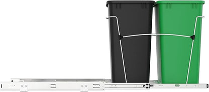 Rev-A-Shelf Double 35 Qt Pullout Trash Can for Base Kitchen Cabinets, Garbage Waste & Recycling Bin System with Full Extension Slides, Min Opening Width of 14.5", Green/Black, RV-18KD-1918C-S