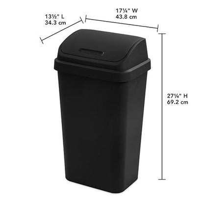 Sterilite 16-Pack Swing Top Wastebasket, Sleek Square Profile Trash Can, 13 Gallon, Black - Modern Garbage Bin for Kitchen, Bathroom, Garage and Workspace, Fits 13 Gal Liners