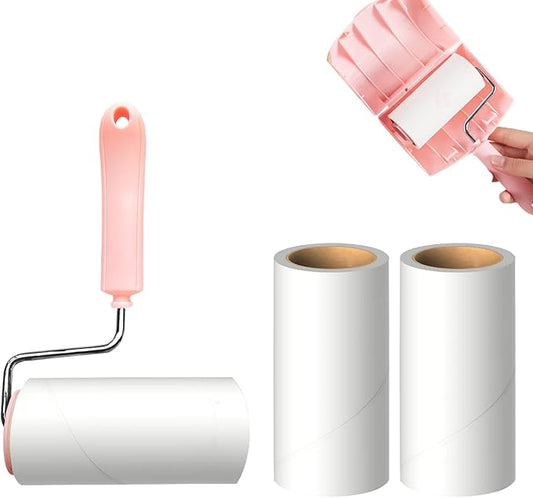 Lint Roller Remover with 180 Sheets, Pet Hair Remover Extra Sticky Roller Hair Dust Remover for Clothes, Furniture, Travel Household 1 Handle+3 Rollers Dog &Cat Hair Removal Pink