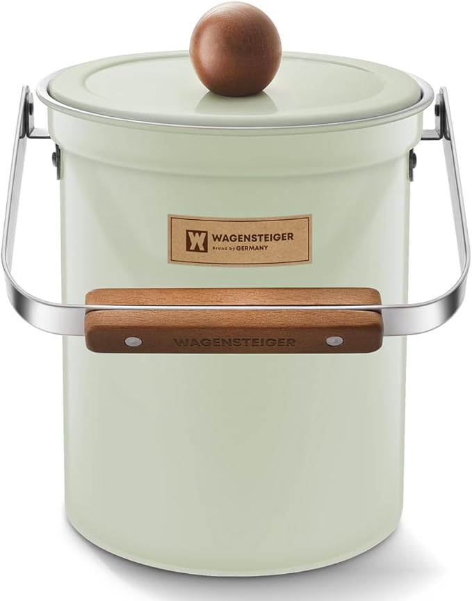 WAGENSTEIGER Kitchen Countertop Compost Bin 101Ounces / 3Liter with Airtight Lid, SUS304 Stainless Steel Odor-Free Food Waste Bin with Wooden Handle Stylish Design/Bathroon Trash Can (Mint Green)