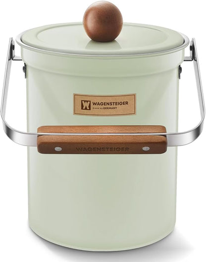 WAGENSTEIGER Kitchen Countertop Compost Bin 101Ounces / 3Liter with Airtight Lid, SUS304 Stainless Steel Odor-Free Food Waste Bin with Wooden Handle Stylish Design/Bathroon Trash Can (Mint Green)