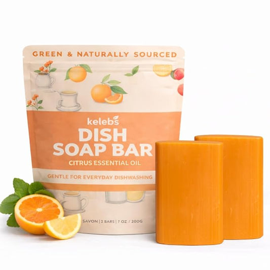 KELEBS 2 Dish Soap Bars | Citrus Essential Oil Formula | Natural & Organic Ingredients | Gentle on Hands | For Plant-Based Kitchens & Light Dishwashing | Biodegradable | No Overpour | Value Pack