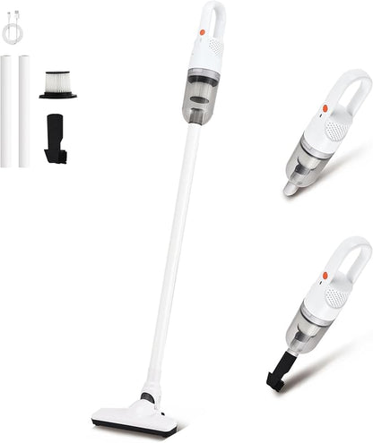 6-in-1 Lightweight Stick Vacuum Cleaner with 100W Powerful Motor, Mini Portable Household Handheld Vacuum Cleaner for Domestic Hard Floors, Carpets and Pet Hair (White Cordless)