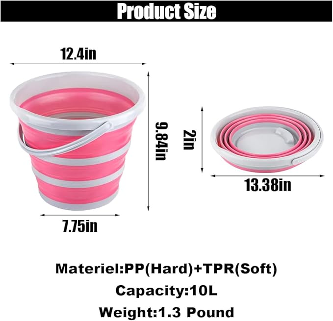 GLSOWEE Car Collapsible Bucket, 10L 2.6 Gallon Folding Bucket Auto Cleaning Plastic Water Bucket, Foldable Portable Bucket Space Saving for Indoor Outdoor Car Wash Garden Camping (Pink)