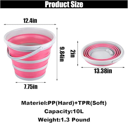 GLSOWEE Car Collapsible Bucket, 10L 2.6 Gallon Folding Bucket Auto Cleaning Plastic Water Bucket, Foldable Portable Bucket Space Saving for Indoor Outdoor Car Wash Garden Camping (Pink)