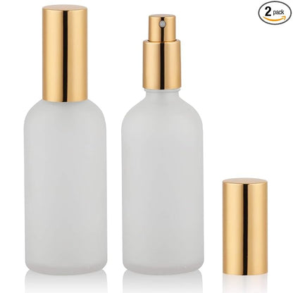 Glass Spray Bottle 3.4oz, Empty Frosted Perfume Atomizer, Fine Mist Spray,Gold Sprayer (2 PACK)