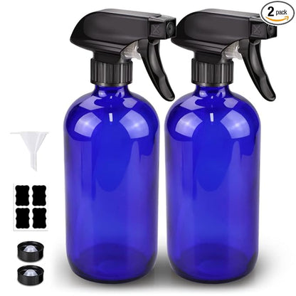 Bontip Glass Spray Bottle, Blue Glass Spray Bottle Set & Accessories Refillable for Plants Window Cleaners Aromatherapy Facial Hydration Watering Flowers Hair Care (2 Pack/16 oz) (Blue)