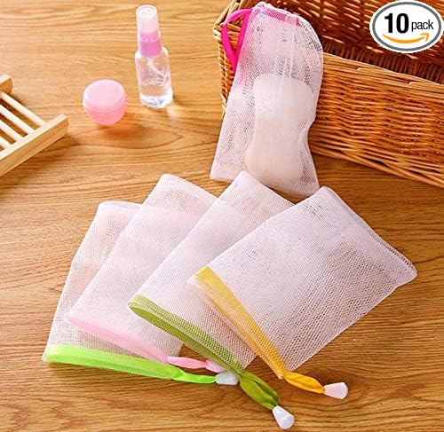 AKOAK 10 PCS Exfoliating Mesh Soap Pouch Bubble Foam Net Soap Sack Saver Pouch Drawstring Holder Bags (Color Random)
